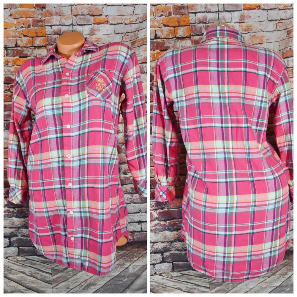 Lauren Ralph Lauren Small M Flannel Button Tunic Shirt Long Sleeve Plaid Pink